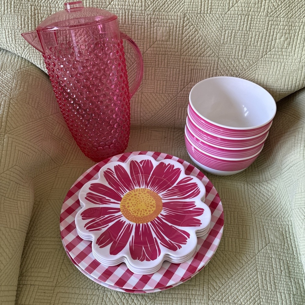 Pink Floral Gingham Melamine Dinnerware Set Plates Bowls Pitcher 13 Pc